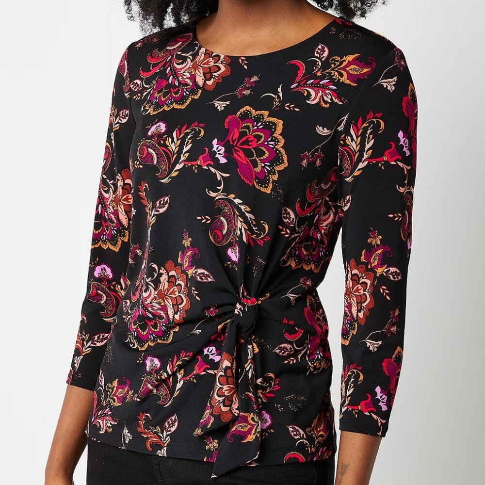 NEW Liz Claiborne Paisley Tie Knot Stretch Jersey Crew Neck 3/4 Sleeve Blouse 3X